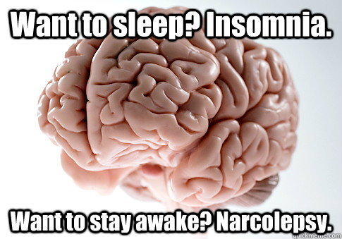 Want to sleep? Insomnia. Want to stay awake? Narcolepsy.   Scumbag Brain