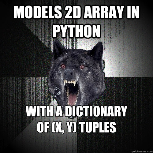 MODELS 2D ARRAY IN PYTHON WITH A DICTIONARY
OF (X, Y) TUPLES - MODELS 2D ARRAY IN PYTHON WITH A DICTIONARY
OF (X, Y) TUPLES  Insanity Wolf
