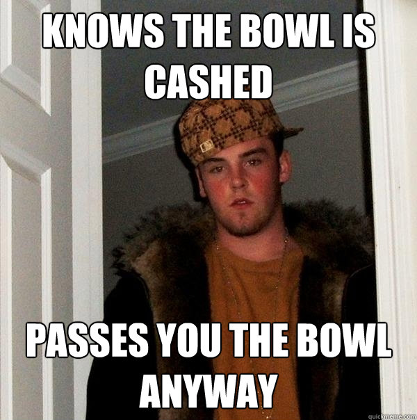 Knows the bowl is cashed passes you the bowl anyway   Scumbag Steve