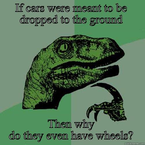 IF CARS WERE MEANT TO BE DROPPED TO THE GROUND THEN WHY DO THEY EVEN HAVE WHEELS? Philosoraptor