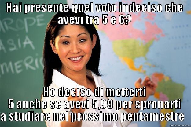 HAI PRESENTE QUEL VOTO INDECISO CHE AVEVI TRA 5 E 6? HO DECISO DI METTERTI 5 ANCHE SE AVEVI 5,99 PER SPRONARTI A STUDIARE NEL PROSSIMO PENTAMESTRE   Unhelpful High School Teacher