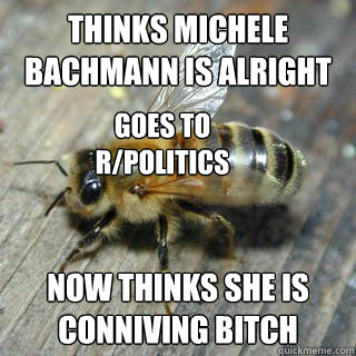 Thinks Michele Bachmann is alright Now thinks she is conniving bitch goes to r/politics  Hivemind bee