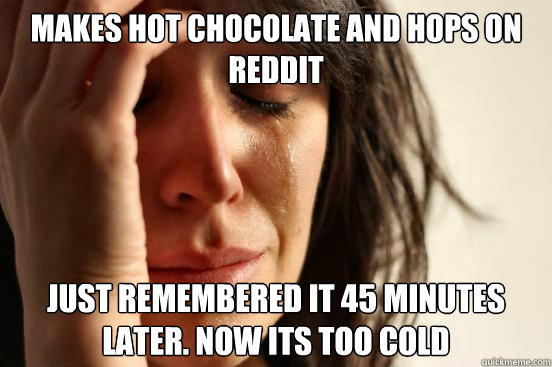Makes Hot Chocolate and Hops on reddit Just remembered it 45 minutes later. Now its too cold  First World Problems