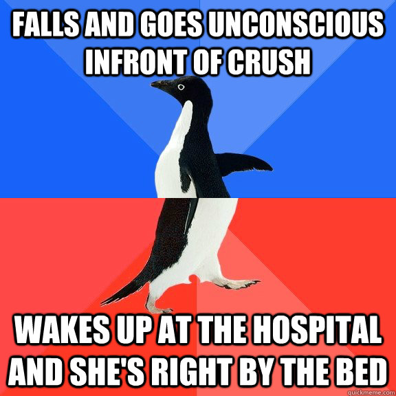 Falls and goes unconscious infront of crush wakes up at the hospital and she's right by the bed  Socially Awkward Awesome Penguin