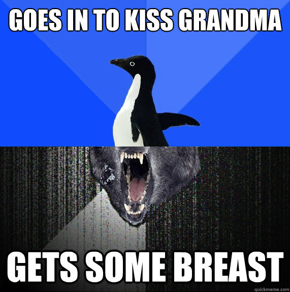 Goes in to kiss grandma gets some breast   