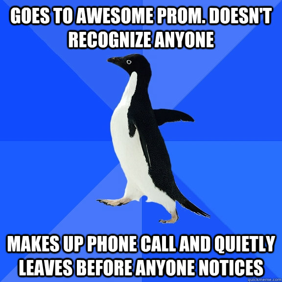 Goes to awesome prom. Doesn't recognize anyone Makes up phone call and quietly leaves before anyone notices  Socially Awkward Penguin