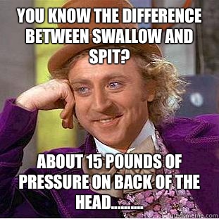 You know the difference between swallow and spit? About 15 pounds of pressure on back of the head..........  Condescending Wonka