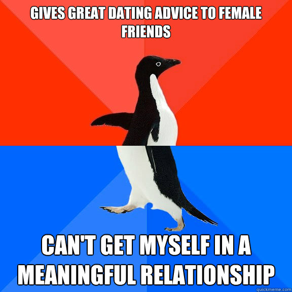 Gives great dating advice to female friends Can't get myself in a meaningful relationship  Socially Awesome Awkward Penguin