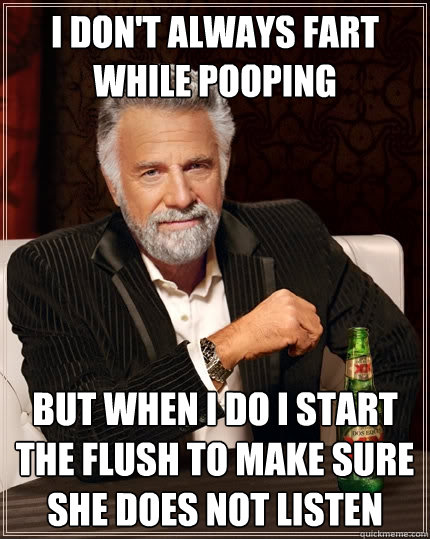 I don't always fart while pooping but when I do I start the flush to make sure she does not listen   The Most Interesting Man In The World