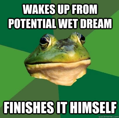 Wakes up from Potential wet dream Finishes it himself  Foul Bachelor Frog