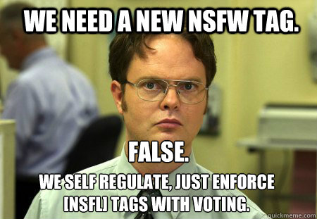 We need a new NSFW tag. FALSE.  
 We self regulate, just enforce [NSFL] tags with voting.  Schrute