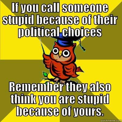 IF YOU CALL SOMEONE STUPID BECAUSE OF THEIR POLITICAL CHOICES REMEMBER THEY ALSO THINK YOU ARE STUPID BECAUSE OF YOURS. Observational Owl