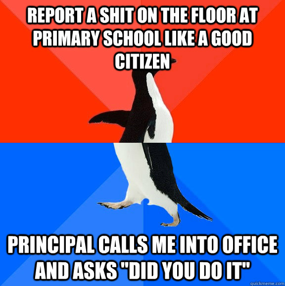 Report a shit on the floor at Primary school like a good citizen Principal calls me into office and asks 
