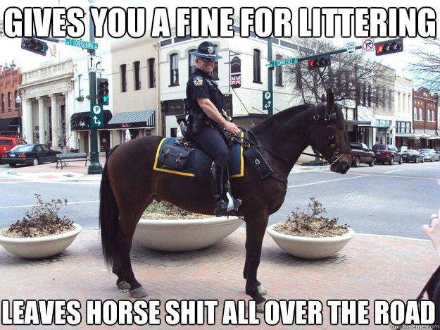 Gives you a fine for littering Leaves horse shit all over the road  Horse Cop