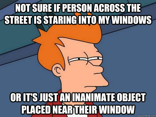 Not sure if person across the street is staring into my windows Or it's just an inanimate object placed near their window   Futurama Fry