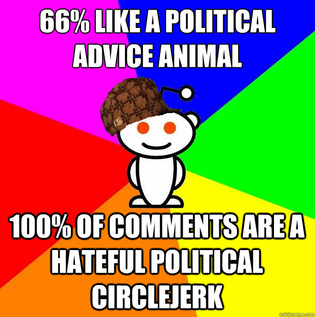 66% like a political advice animal 100% of comments are a hateful political circlejerk  Scumbag Redditor