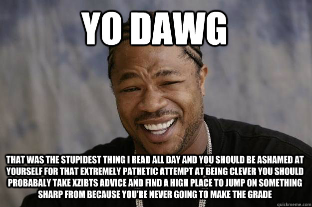 yo dawg that was the stupidest thing I read all day and you should be ashamed at yourself for that extremely pathetic attempt at being clever you should probabaly take xzibts advice and find a high place to jump on something sharp from because you're neve  Xzibit meme