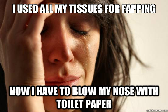 i used all my tissues for fapping now i have to blow my nose with toilet paper - i used all my tissues for fapping now i have to blow my nose with toilet paper  First World Problems