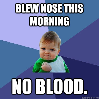 blew nose this morning no blood.  Success Kid