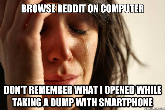 BROWSE REDDIT ON COMPUTER DON'T REMEMBER WHAT I OPENED WHILE TAKING A DUMP WITH SMARTPHONE  First World Problems
