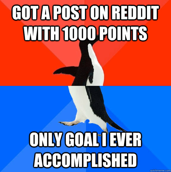 Got a post on reddit with 1000 points only goal i ever accomplished  Socially Awesome Awkward Penguin