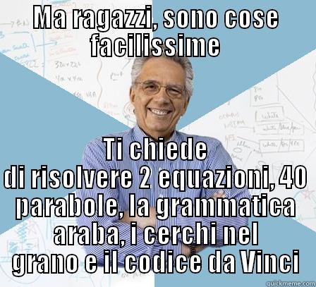 MA RAGAZZI, SONO COSE FACILISSIME TI CHIEDE DI RISOLVERE 2 EQUAZIONI, 40 PARABOLE, LA GRAMMATICA ARABA, I CERCHI NEL GRANO E IL CODICE DA VINCI Engineering Professor