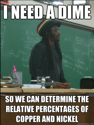 i need a dime so we can determine the relative percentages of copper and nickel  Rasta Science Teacher
