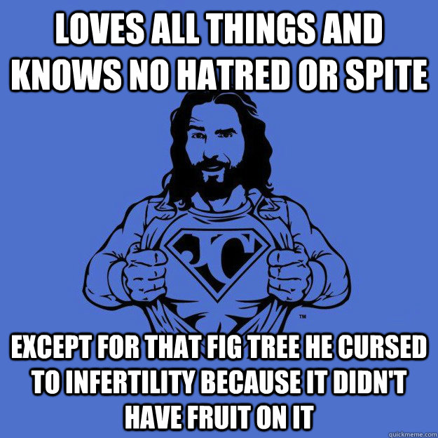 Loves all things and knows no hatred or spite except for that fig tree he cursed to infertility because it didn't have fruit on it  Super jesus