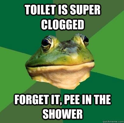 toilet is super clogged forget it, pee in the shower  Foul Bachelor Frog