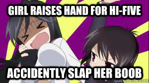 Girl Raises Hand for hi-five accidently slap her boob  Boob slap