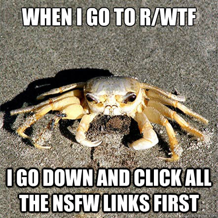 When I go to r/wtf I go down and click all the NSFW links first  Confession Crab