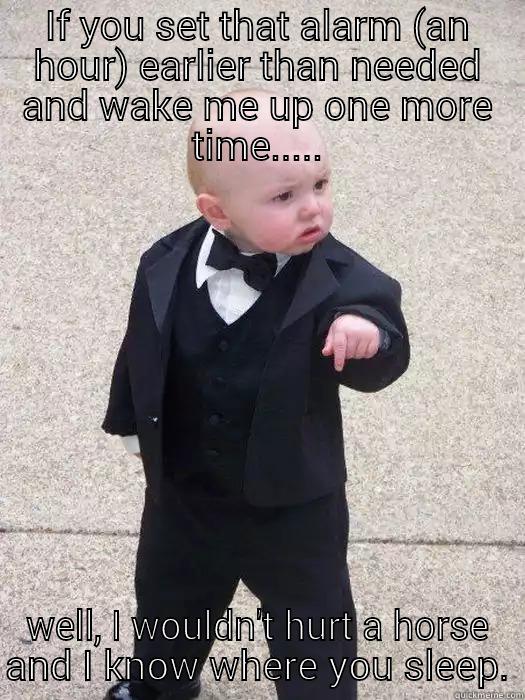 IF YOU SET THAT ALARM (AN HOUR) EARLIER THAN NEEDED AND WAKE ME UP ONE MORE TIME..... WELL, I WOULDN'T HURT A HORSE AND I KNOW WHERE YOU SLEEP. Baby Godfather