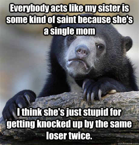 Everybody acts like my sister is some kind of saint because she's a single mom I think she's just stupid for getting knocked up by the same loser twice. - Everybody acts like my sister is some kind of saint because she's a single mom I think she's just stupid for getting knocked up by the same loser twice.  Confession Bear