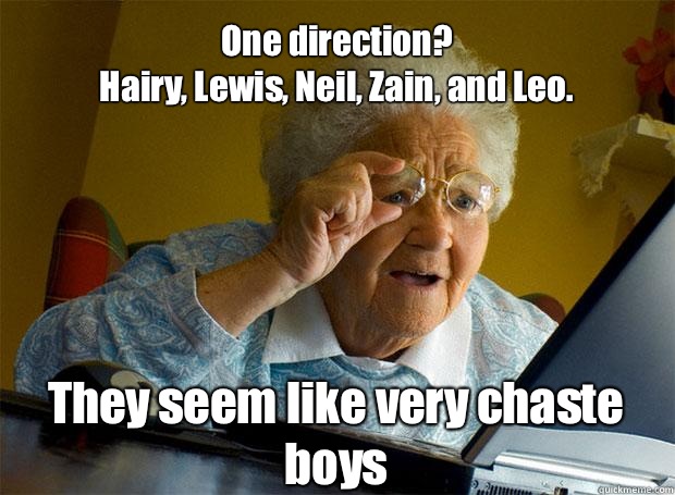 One direction?
 Hairy, Lewis, Neil, Zain, and Leo. They seem like very chaste boys    Grandma finds the Internet