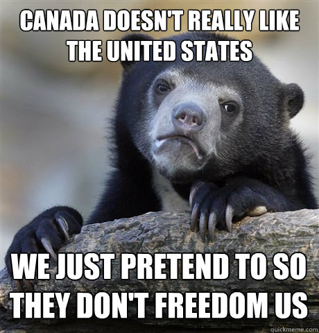 canada doesn't really like the united states we just pretend to so they don't freedom us  Confession Bear