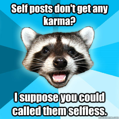 Self posts don't get any karma? I suppose you could called them selfless.  Lame Pun Coon