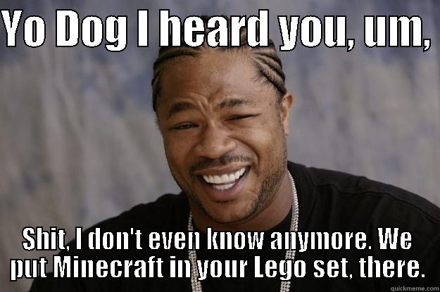 YO DOG I HEARD YOU, UM,  SHIT, I DON'T EVEN KNOW ANYMORE. WE PUT MINECRAFT IN YOUR LEGO SET, THERE. Xzibit meme