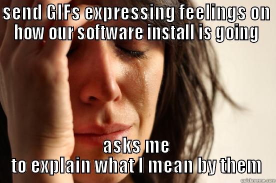 SEND GIFS EXPRESSING FEELINGS ON HOW OUR SOFTWARE INSTALL IS GOING ASKS ME TO EXPLAIN WHAT I MEAN BY THEM First World Problems
