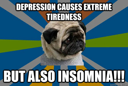 depression causes extreme tiredness but also insomnia!!!  Clinically Depressed Pug