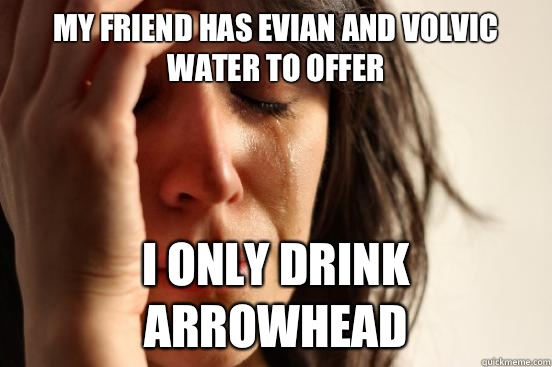 My friend has Evian and Volvic water to offer I only drink Arrowhead  First World Problems