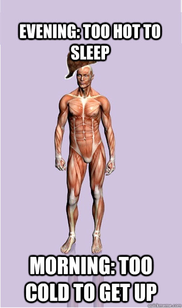 evening: too hot to sleep  Morning: too cold to get up - evening: too hot to sleep  Morning: too cold to get up  Misc