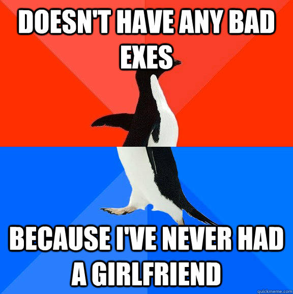 Doesn't have any bad exes Because i've never had a girlfriend - Doesn't have any bad exes Because i've never had a girlfriend  Socially Awesome Awkward Penguin