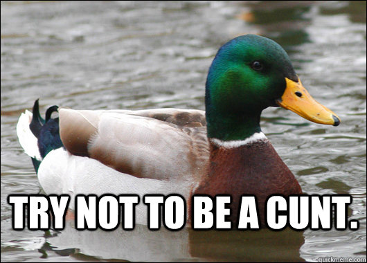  TRY not to be a cunt.  Actual Advice Mallard