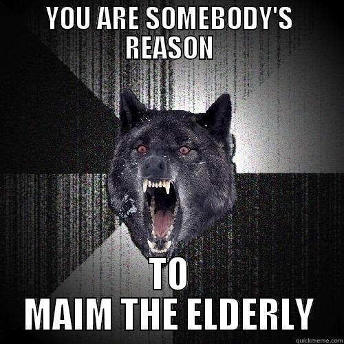 YOU ARE SOMEBODY'S REASON TO MAIM THE ELDERLY Insanity Wolf