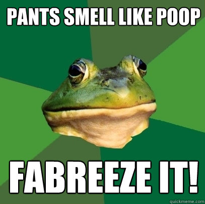 pants smell like poop fabreeze it!  Foul Bachelor Frog