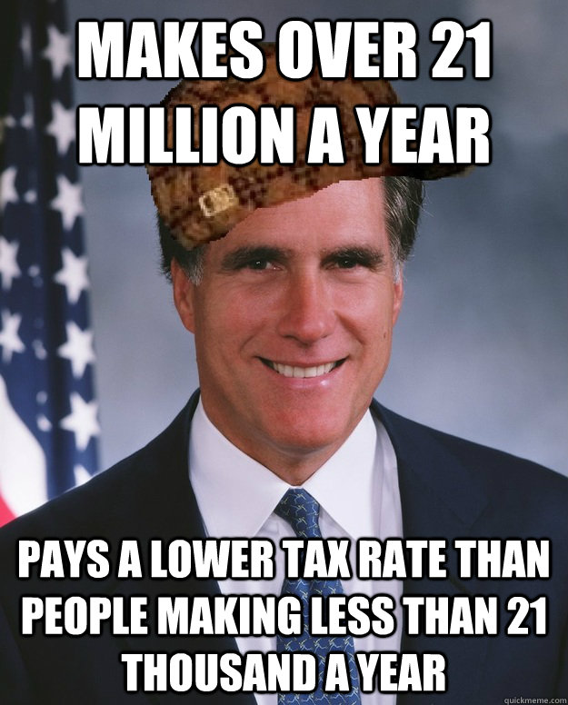 Makes over 21 million a year Pays a lower tax rate than people making less than 21 thousand a year   Scumbag Romney
