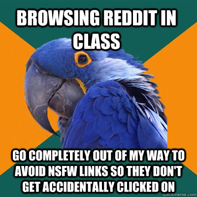 Browsing Reddit in class go completely out of my way to avoid NSFW links so they don't get accidentally clicked on   Paranoid Parrot