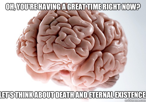 Oh, you're having a great time right now? Let's think about death and eternal existence.  Scumbag Brain