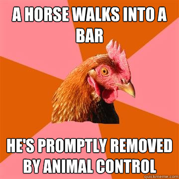 A horse walks into a bar he's promptly removed by animal control  Anti-Joke Chicken