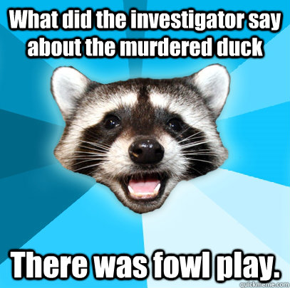 What did the investigator say about the murdered duck There was fowl play.   Lame Pun Coon
